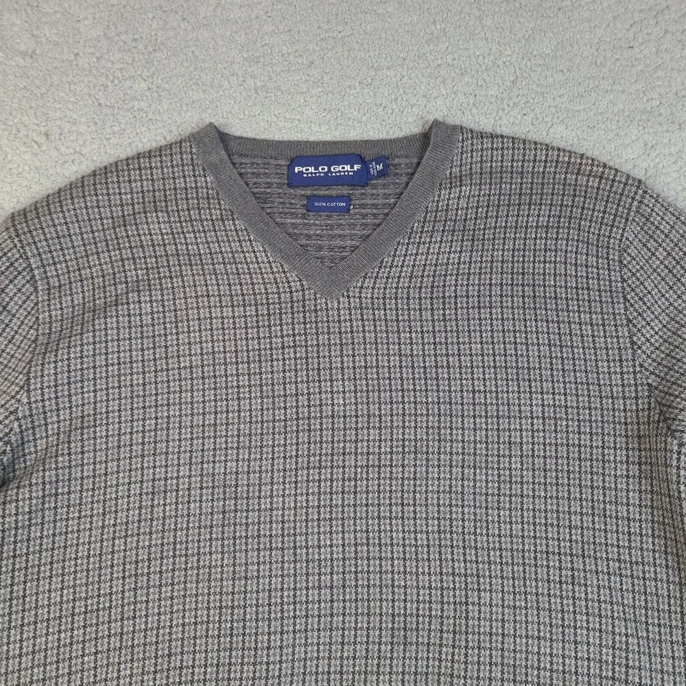 Polo Golf Ralph Lauren Sweater Mens Medium Gray V Neck‎ Knit Cotton Geometric